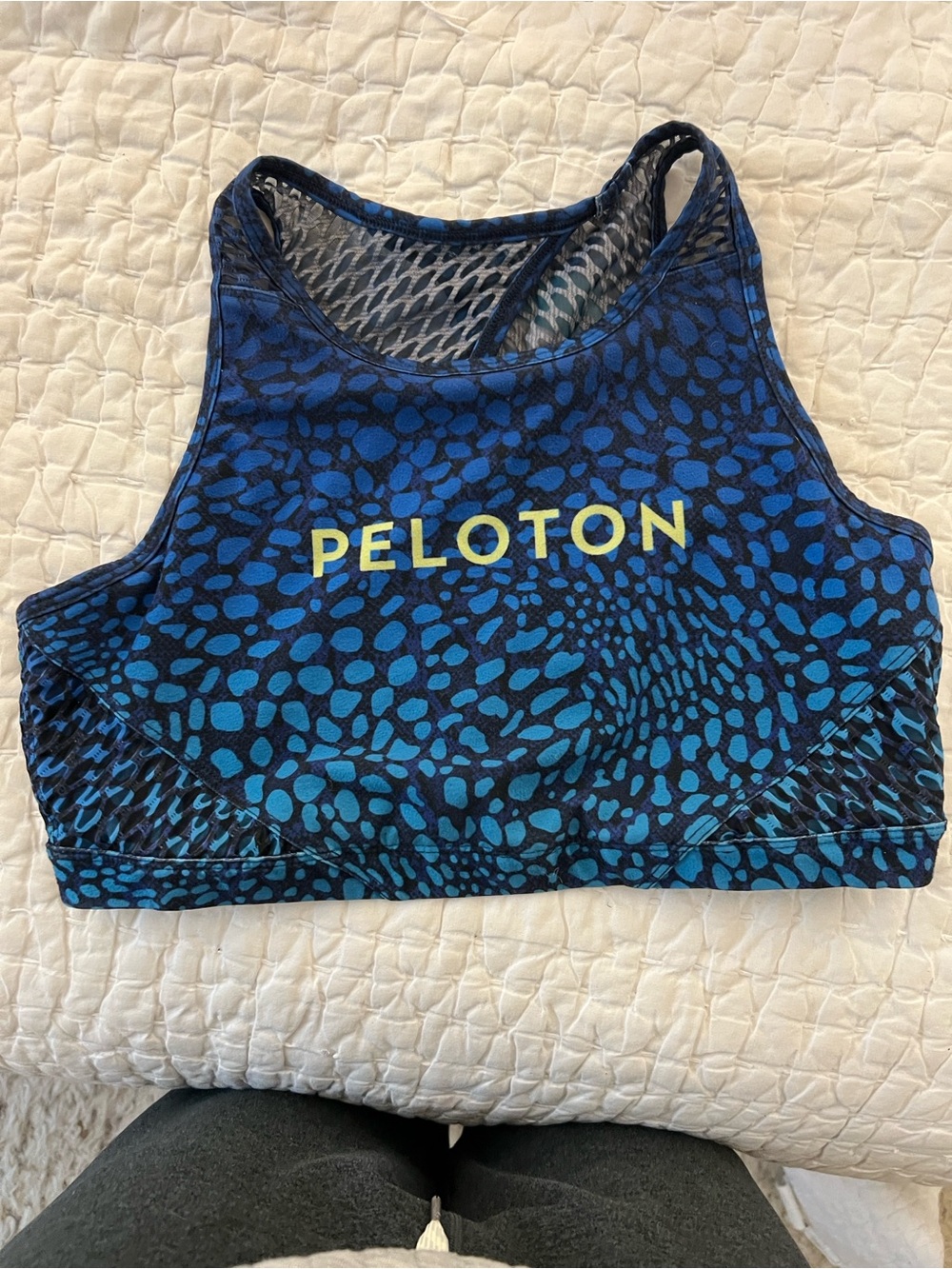 Peloton Blue and Yellow Graphic Racerback Sports Bra